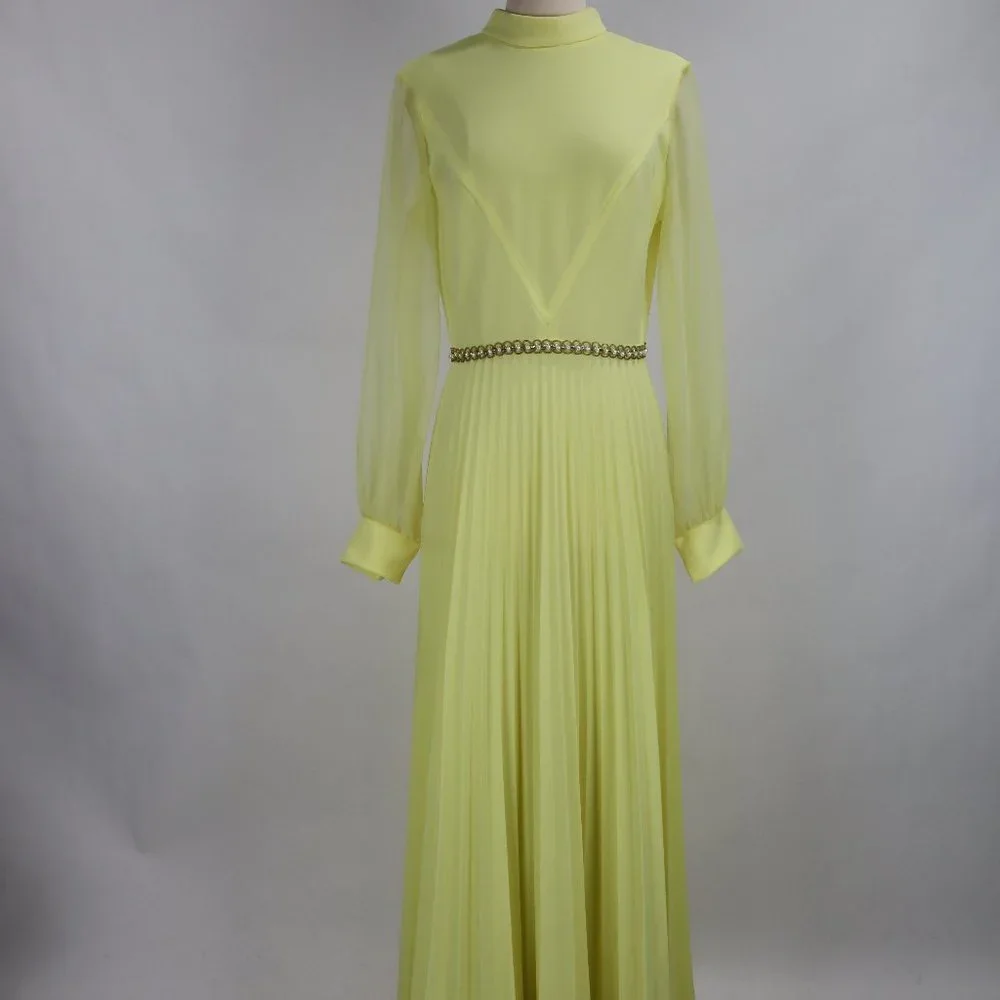 Vtg 1970's Yellow Formal Long Party Dress Gown Cocktail Hippie Prairie Boho S - Picture 3 of 12